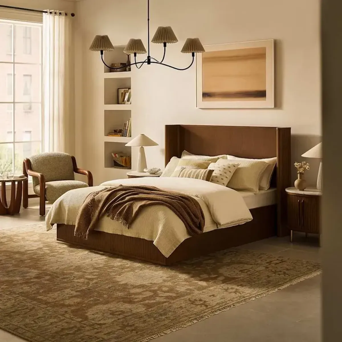 Harper Queen Size Bed with Headboard Cushions, Chestnut