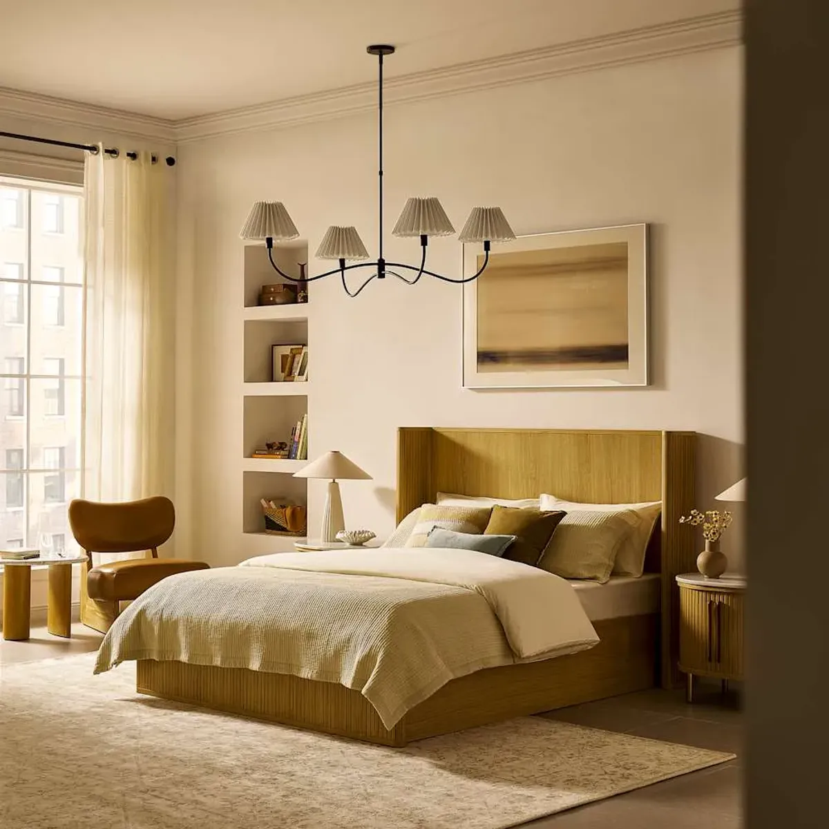 Harper King Size Bed with Headboard Cushions, Natural