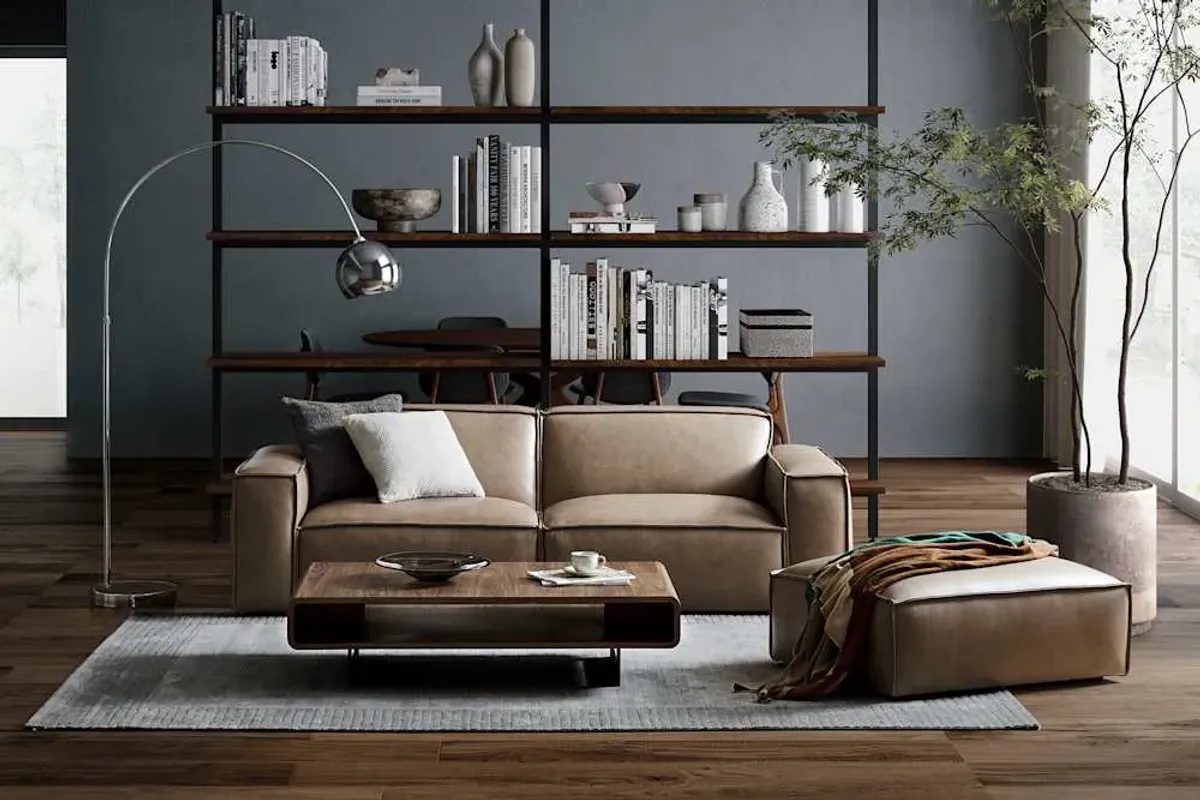 Jonathan Leather Sofa with Ottoman, Warm Taupe