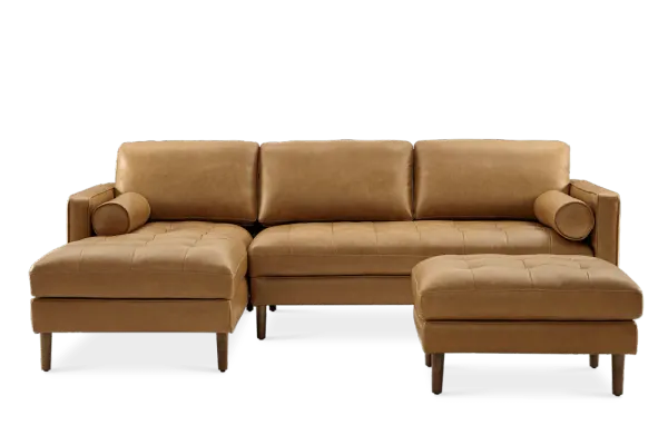 Madison Leather Chaise Sectional Sofa Left Facing with Ottoman, Caramel