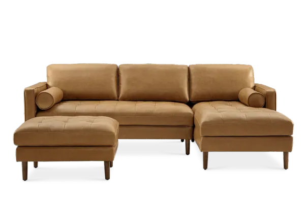 Madison Leather Chaise Sectional Sofa Right Facing with Ottoman, Caramel