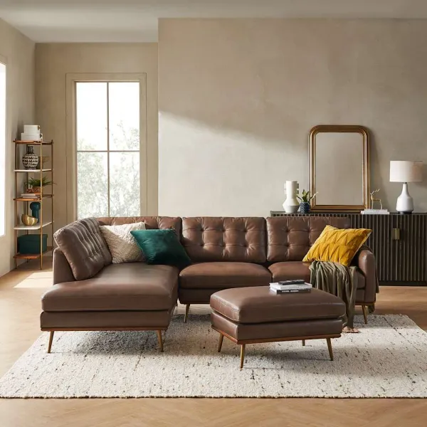Isaac Leather Bumper Chaise Sectional Sofa with Ottoman