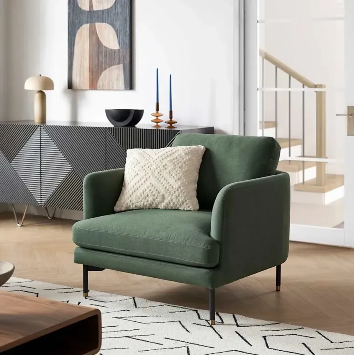 Pebble Armchair with Ottoman Brass Cap, Forest Green