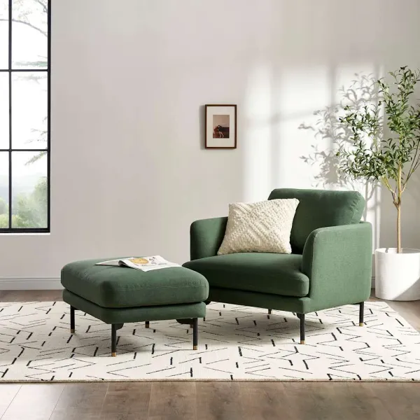 Pebble Armchair with Ottoman Brass Cap, Forest Green