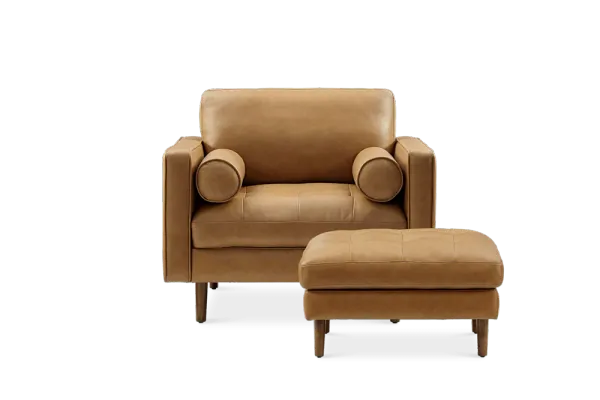 Madison Leather Armchair with Ottoman, Caramel