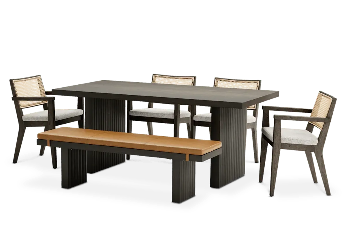 Sloane Dining Table 70.9" with Bench 59" and 4 Fabric Arm Chairs