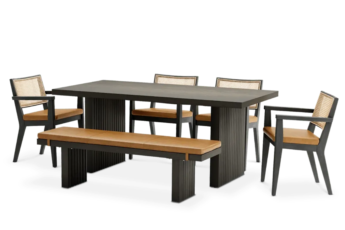 Sloane Dining Table 70.9" with Bench 59" and 4 Leather Arm Chairs