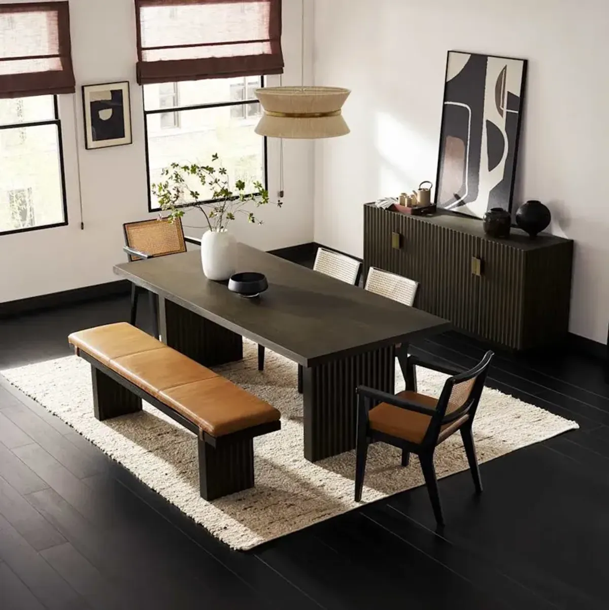 Sloane Dining Table 70.9" with Bench 59" and 4 Leather Arm Chairs