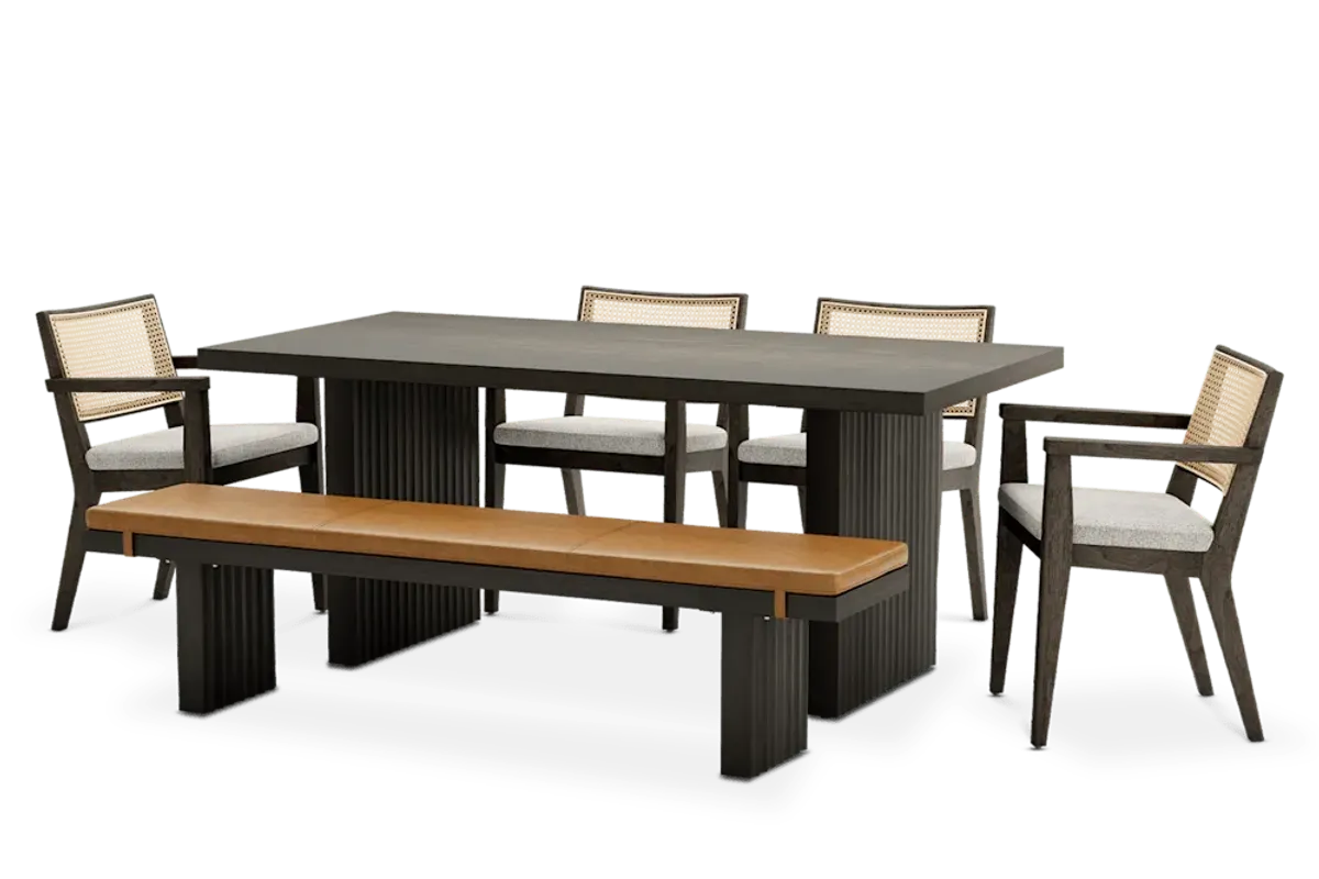 Sloane Dining Table 70.9" with Bench 70.9" and 4 Fabric Arm Chairs