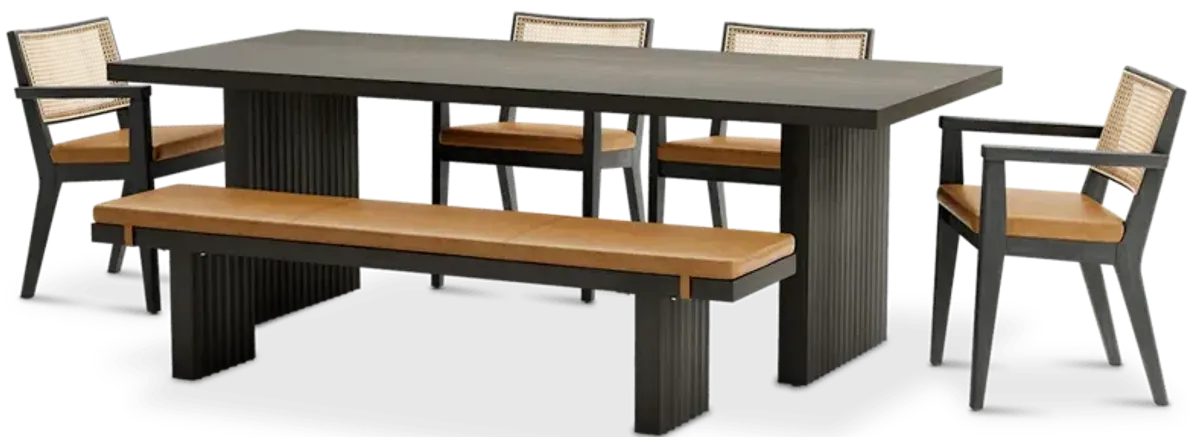 Sloane Dining Table 70.9" with Bench 70.9" and 4 Leather Arm Chairs