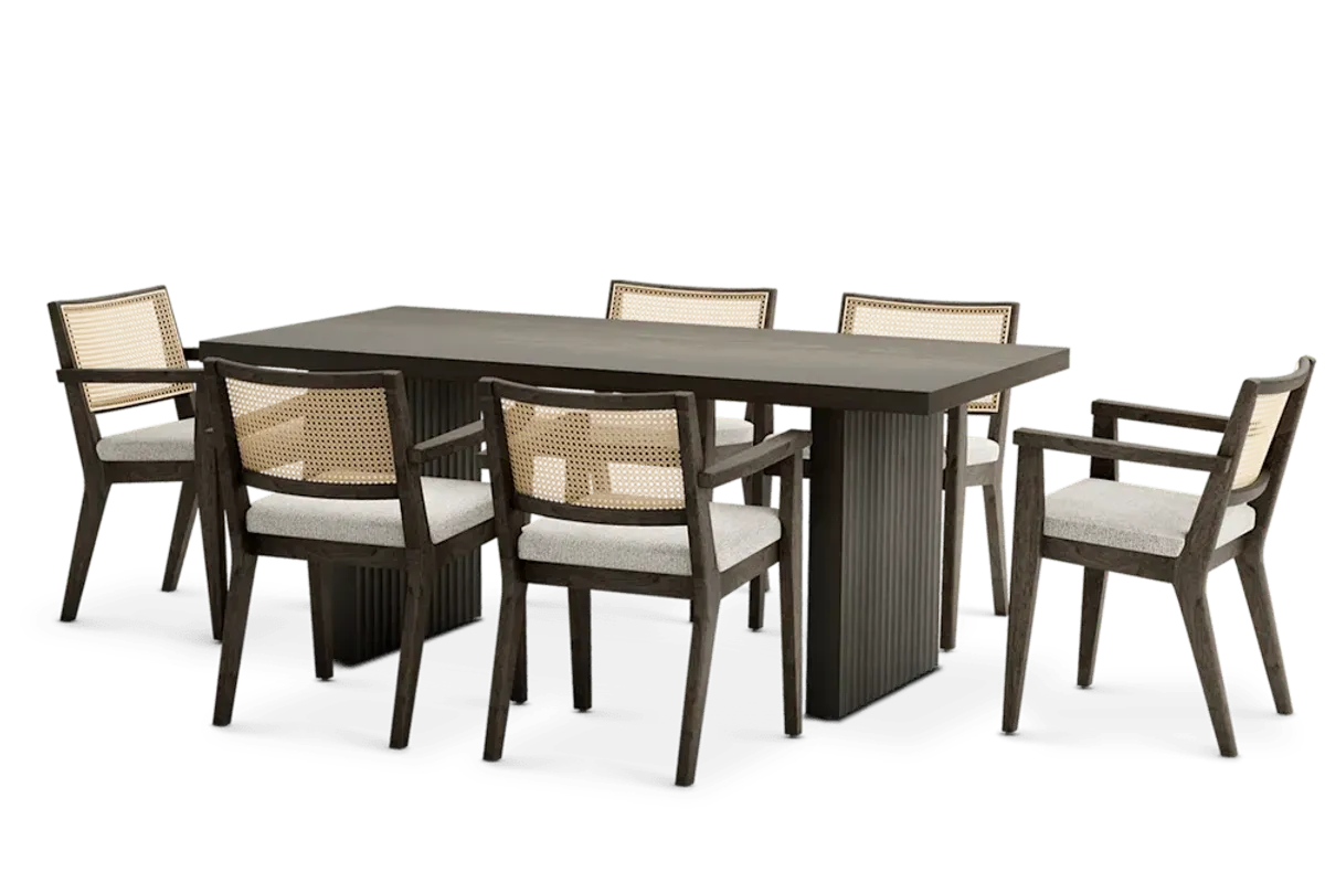 Sloane Dining Table 70.9" No Bench and 6 Fabric Arm Chairs