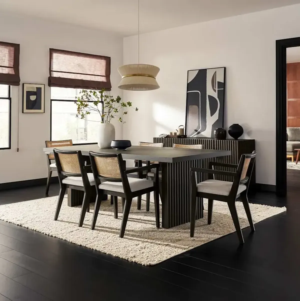 Sloane Dining Table 70.9" No Bench and 6 Fabric Arm Chairs