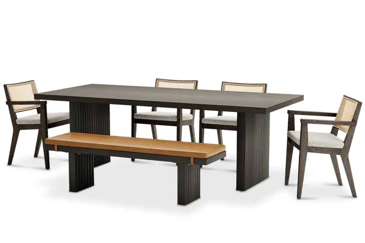 Sloane Dining Table 88.6" with Bench 59" and 4 Fabric Arm Chairs