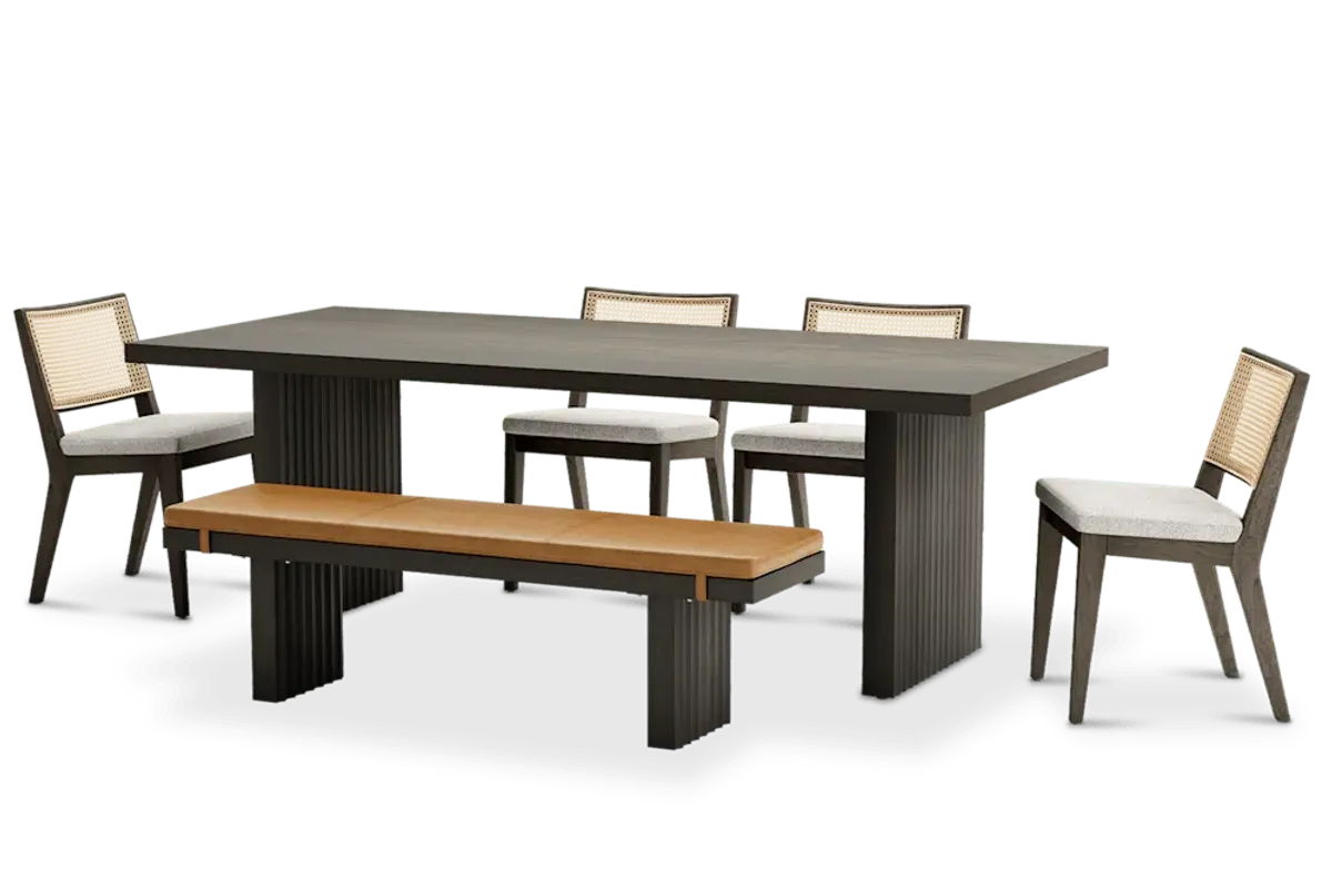 Sloane Dining Table 88.6" with Bench 59" and 4 Fabric Chairs