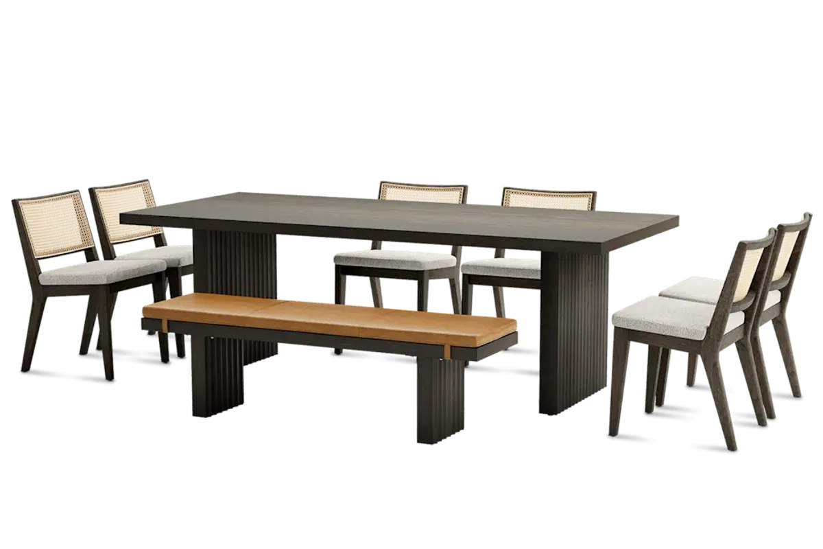 Sloane Dining Table 88.6" with Bench 59" and 6 Fabric Chairs