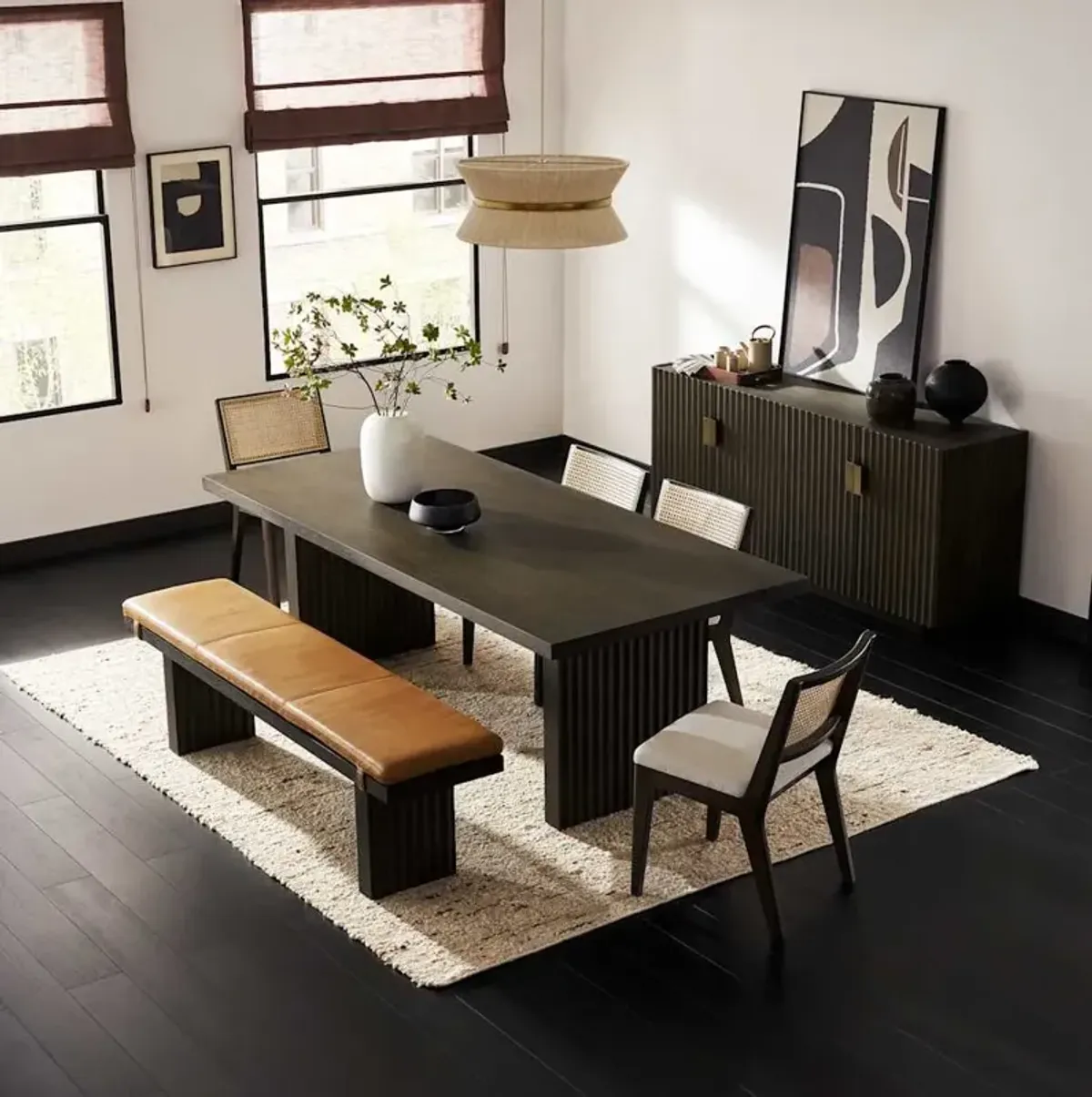 Sloane Dining Table 88.6" with Bench 59" and 6 Fabric Chairs