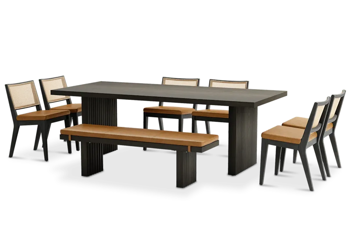 Sloane Dining Table 88.6" with Bench 59" and 6 Leather Chairs