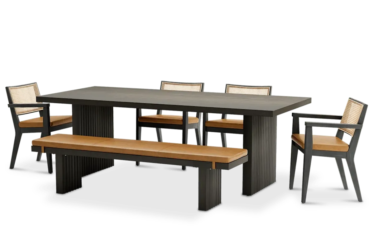 Sloane Dining Table 88.6" with Bench 70.9" and 4 Leather Arm Chairs