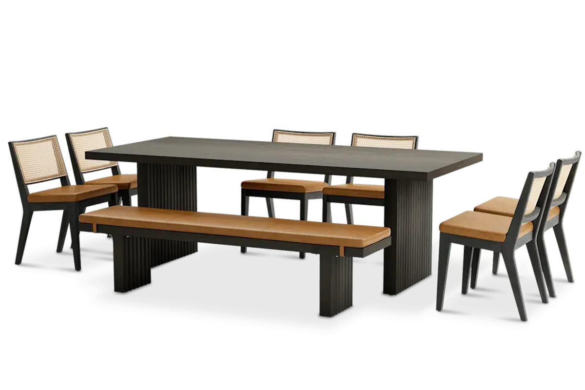 Sloane Dining Table 88.6" with Bench 70.9" and 6 Leather Chairs
