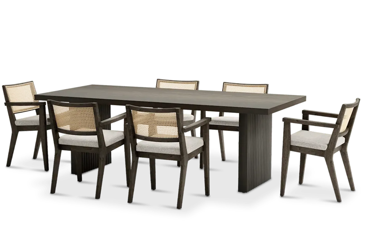 Sloane Dining Table 88.6" No Bench and 6 Fabric Arm Chairs