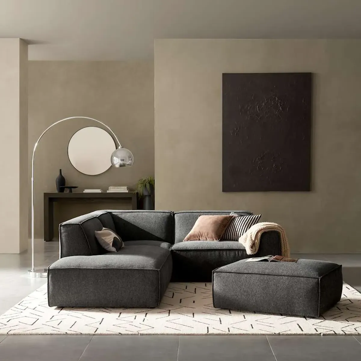 Jonathan Side Chaise Sectional Sofa Left Facing with Ottoman, Dark Granite