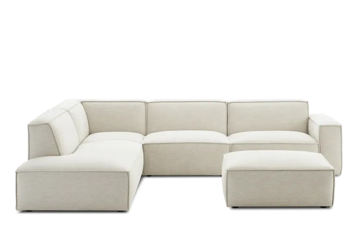 Jonathan Extended Side Chaise Sectional Sofa Left Facing with Ottoman, Performance Creamy White