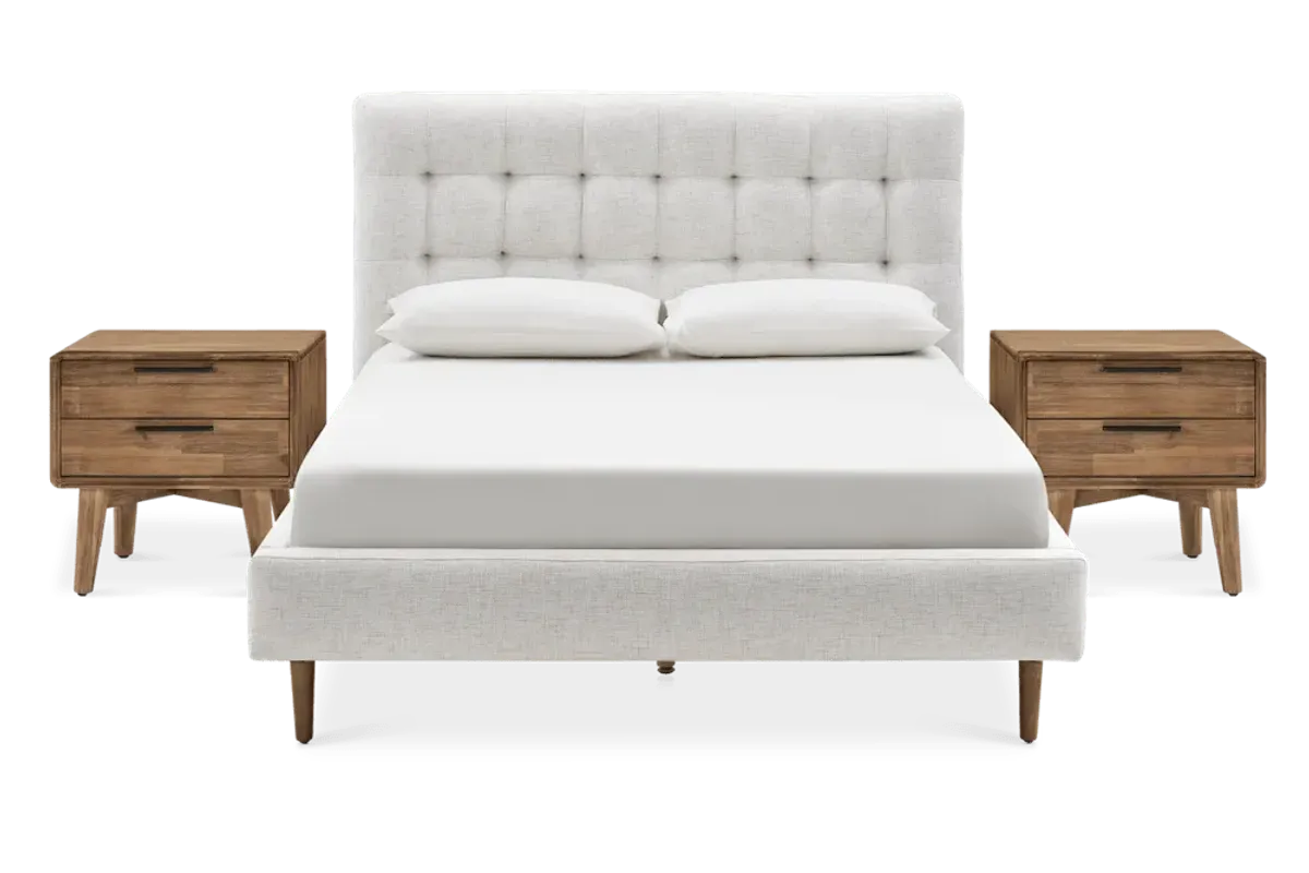 Madison Queen Size Bed with 2 Seb Nightstands Set, Bisque