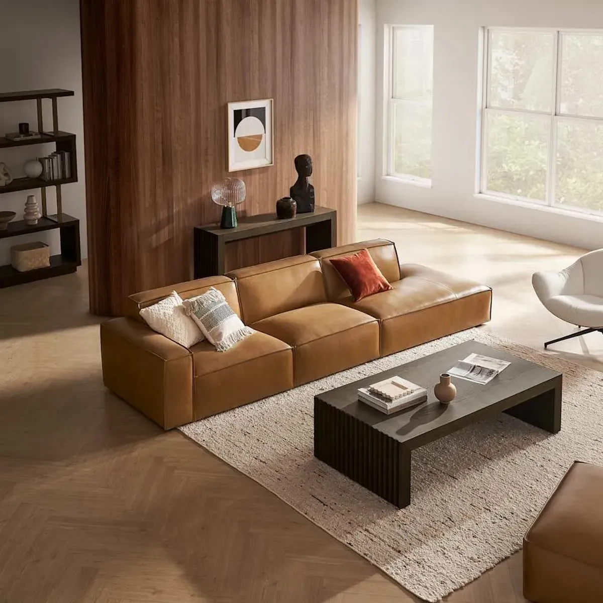 Jonathan Leather Extended Side Chaise Sofa Right Facing with Ottoman, Caramel