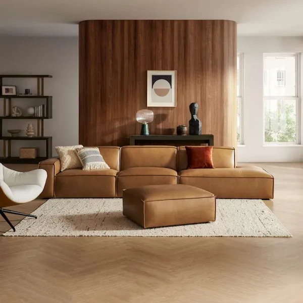 Jonathan Leather Extended Side Chaise Sofa Right Facing with Ottoman, Caramel