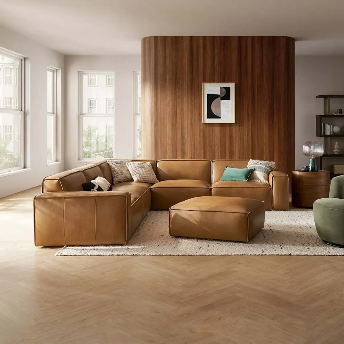 Jonathan Leather L-Shape Sectional Sofa with Ottoman, Caramel