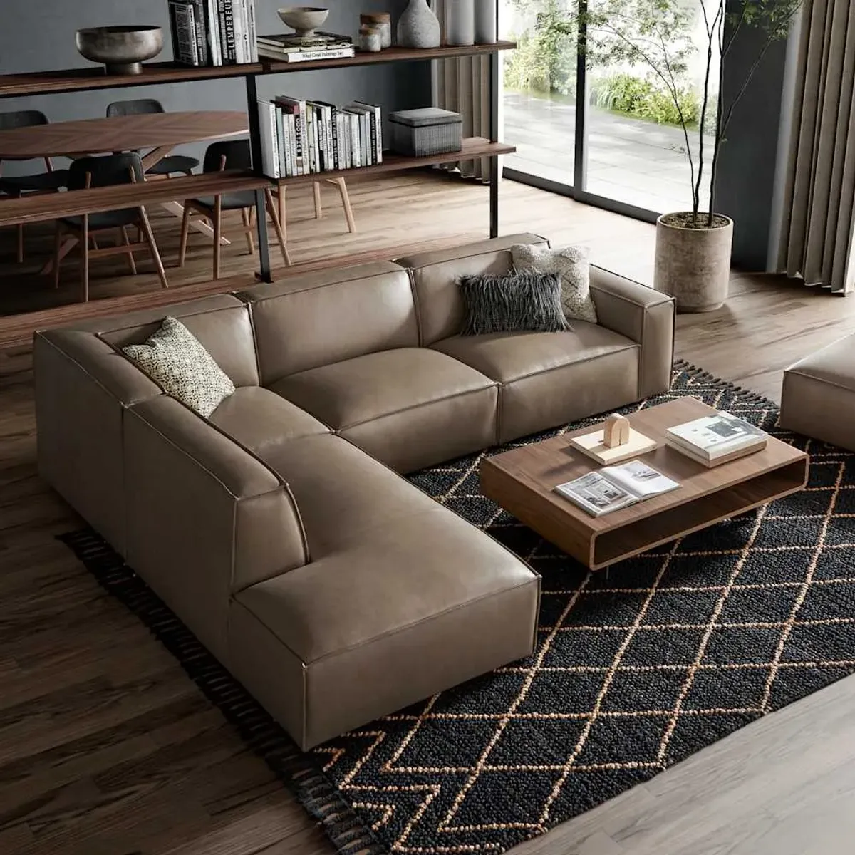 Jonathan Leather Extended Side Chaise Sectional with Ottoman