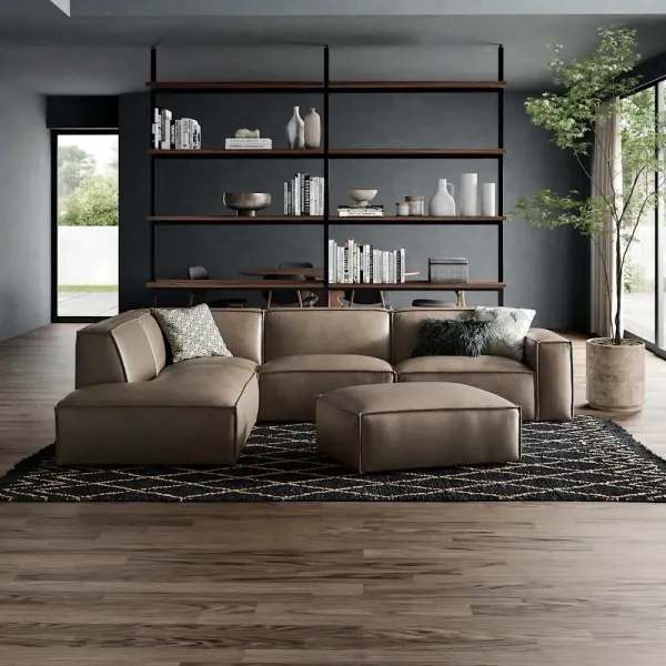 Jonathan Leather Extended Side Chaise Sectional with Ottoman