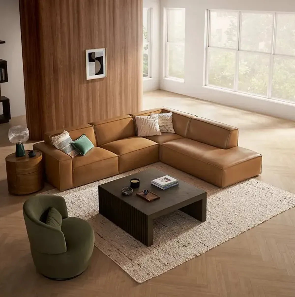 Jonathan Leather Extended Side Chaise Sectional Right Facing with Ottoman, Caramel