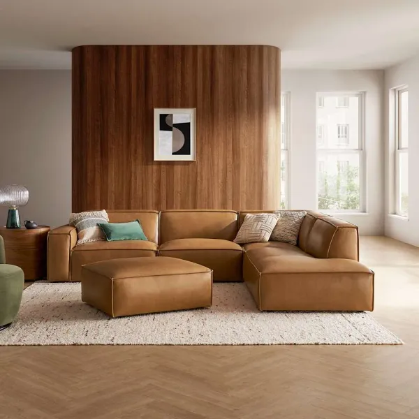 Jonathan Leather Extended Side Chaise Sectional Right Facing with Ottoman, Caramel