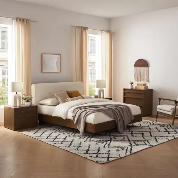 Joseph Queen Size Bed with 2 Nightstands & 3-Drawer Dresser Set, Snow Bouclé