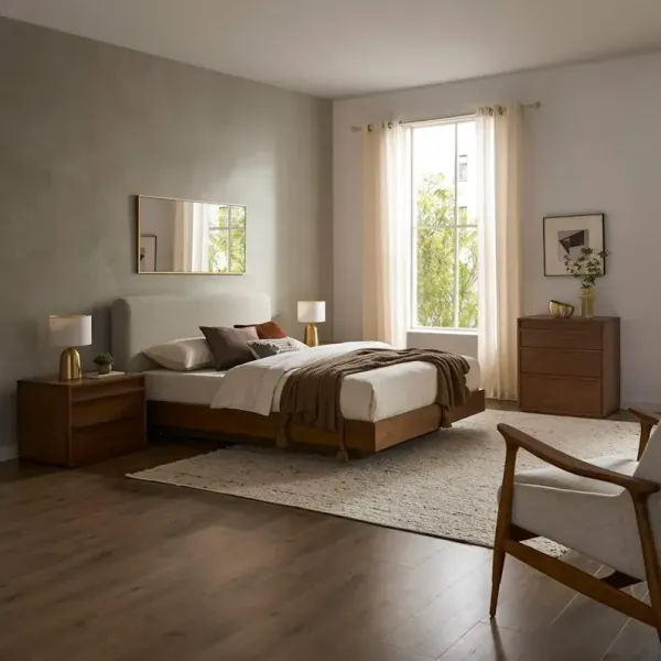 Joseph Queen Size Bed with 2 Nightstands & 3-Drawer Dresser Set, Ivory Beige