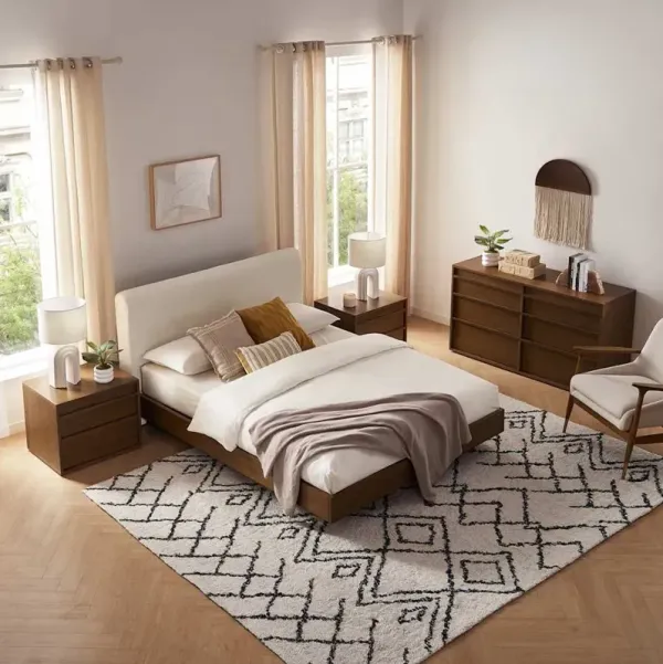 Joseph Queen Size Bed with 2 Nightstands & 6-Drawer Dresser Set, Snow Bouclé