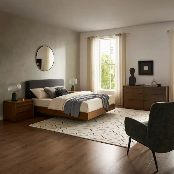 Joseph Queen Size Bed with 2 Nightstands & 6-Drawer Dresser Set, Stone Grey