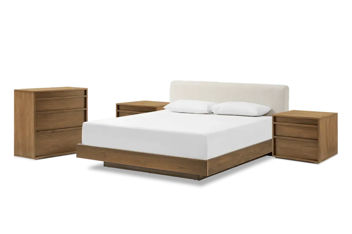 Joseph King Size Bed with 2 Nightstands & 3-Drawer Dresser Set, Snow Bouclé