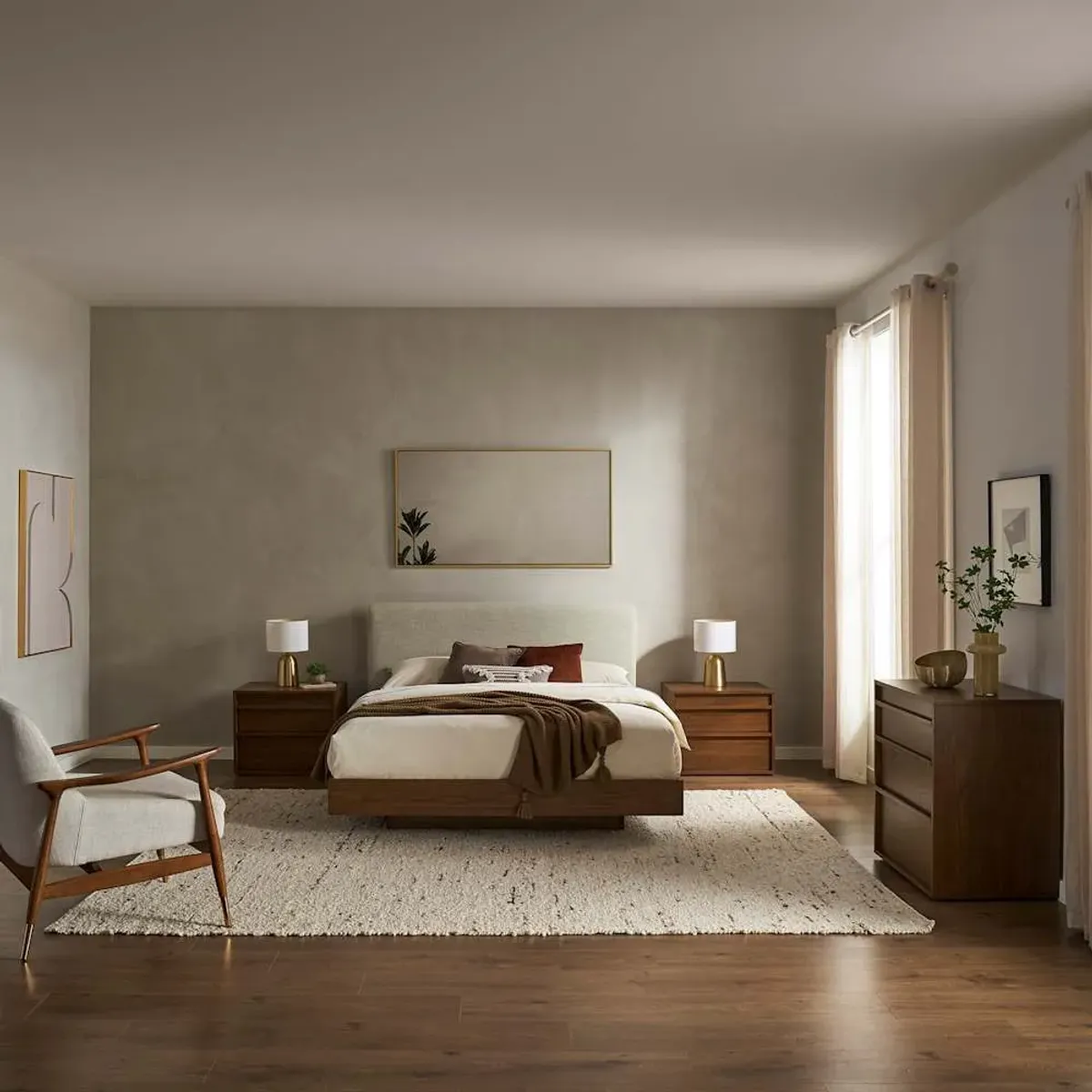 Joseph King Size Bed with 2 Nightstands & 3-Drawer Dresser Set, Ivory Beige