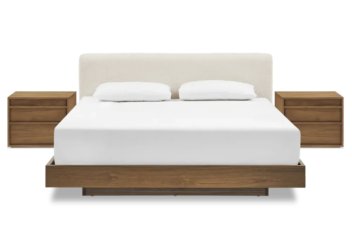 Joseph King Size Bed with 2 Nightstands Set, Snow Bouclé