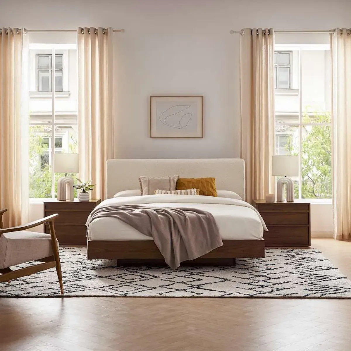 Joseph King Size Bed with 2 Nightstands Set, Snow Bouclé