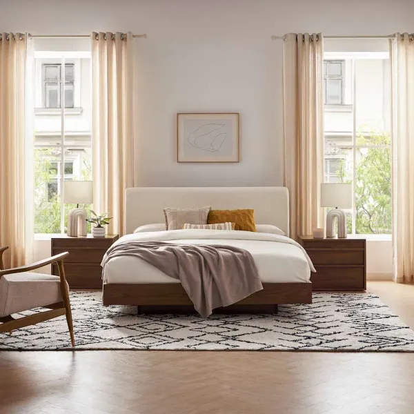 Joseph King Size Bed with 2 Nightstands Set, Snow Bouclé