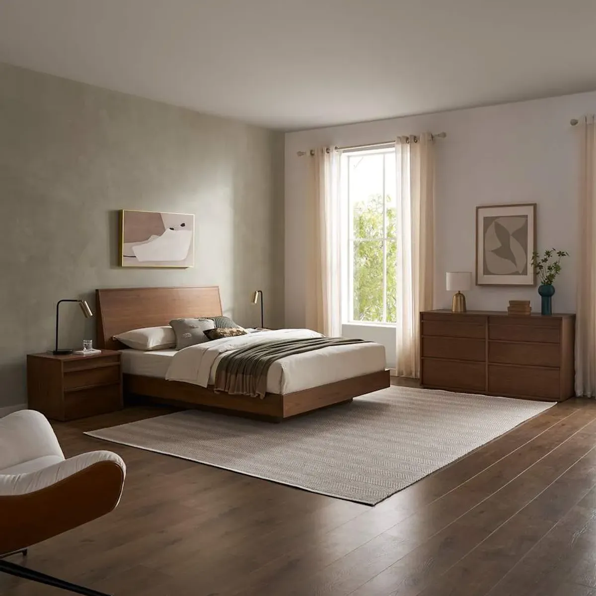 Joseph Queen Size Bed with 2 Nightstands & 6-Drawer Dresser Set, Walnut