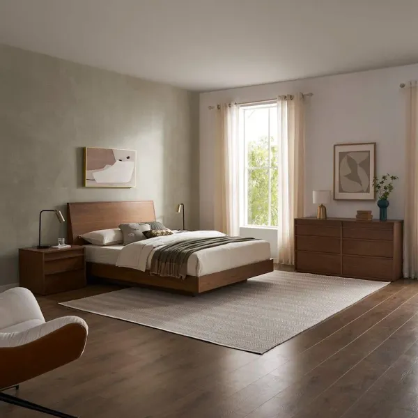 Joseph Queen Size Bed with 2 Nightstands & 6-Drawer Dresser Set, Walnut