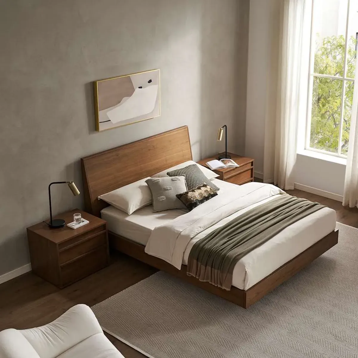 Joseph Queen Size Bed with 2 Nightstands Set, Walnut