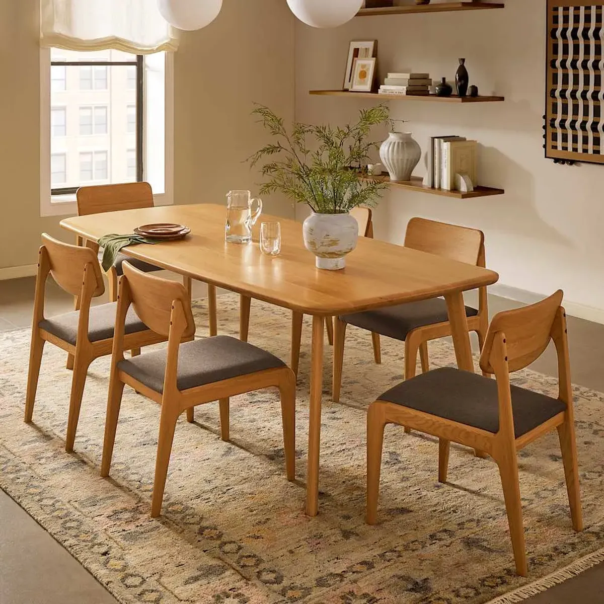 Vincent Dining Table 86.6" with 4 Chairs Set, Oak