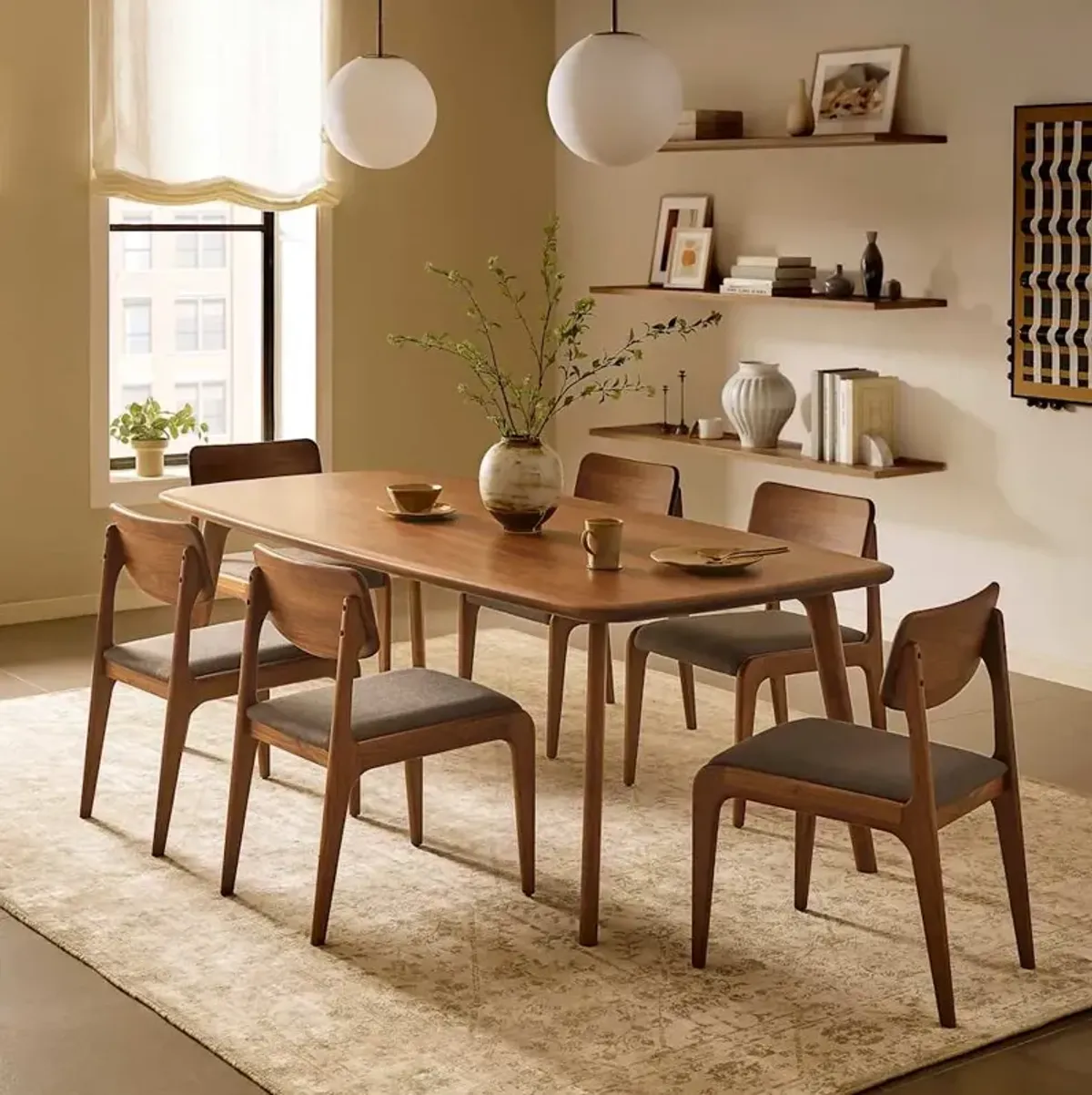 Vincent Dining Table 86.6" with 6 Chairs Set, Oak