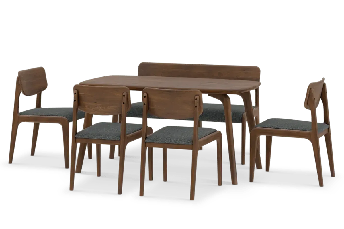 Vincent Dining Table 59.1" with 47.2" Bench and 4 Chairs Set, Walnut