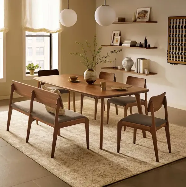 Vincent Dining Table 59.1" with 47.2" Bench and 4 Chairs Set, Walnut